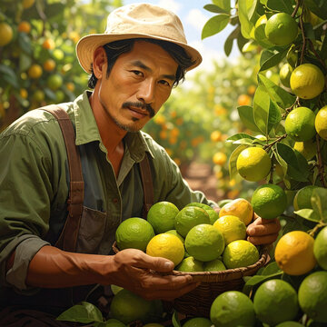 Farmer harvesting fresh citrus fruits