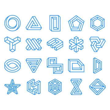 Impossible Geometry Vector Icon Set with Optical Illusion Shapes and Abstract Line Symbols geometry, impossible, illusion, optical, abstract, vector, icon, set, geometric, shape, line, outline, modern