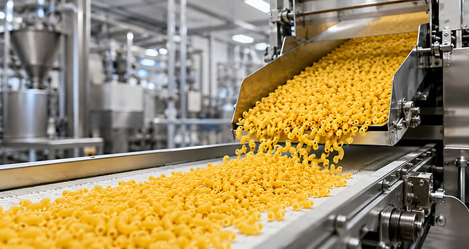 Yellow corn kernels on industrial conveyor belt in food processing plant