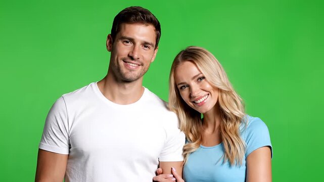 Happy Couple Posing Together on a Green Screen Background.