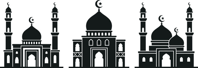 Islamic mosque silhouette vector set with beautiful domes and minarets for ramadan kareem and eid mubarak celebration isolated on white background illustration © Suchana