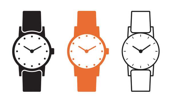 Minimalist Wrist Watch Icon Set, modern analog wristwatch silhouette outline vector collection isolated white background time clock design set interface