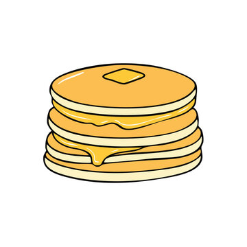 Stack of delicious golden pancakes with melting butter and syrup drizzled on top