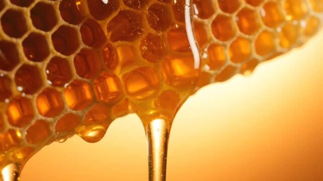Fresh organic honey liquid dripping from wax honeycomb structure in extreme close up macro shot showing golden viscous texture flowing down on warm orange background.
