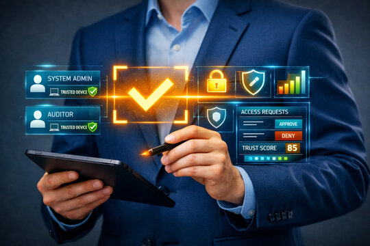 Administrator verifies system access requests on a digital tablet displaying interactive security badges and a trust score metric to ensure safe authorization for sensitive company internal.