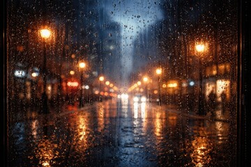 Obraz premium Raindrop covered window with glowing street lamps in cityscape background