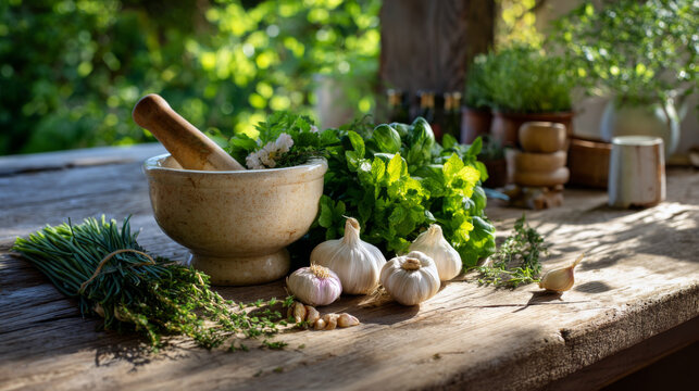 Fresh herbs garlic mortar pestle wooden table sunlight outdoor rustic kitchen