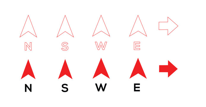 Set of red and outline directional arrows with compass points n, s, w, e, isolated on white background