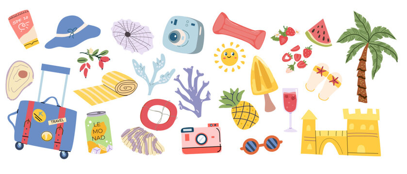 Summer vacation tropical elements set. Travel by plane suitcase, lemonad, summer drinks and tropical fruits, plants. Cartoon beach accessories and coastal elements clip art set. Kir cocktail.