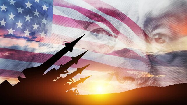 The missiles are aimed at the sky at sunset with USA flag and US dollar. Bomb, chemical weapons, missile defense, a system of salvo fire.