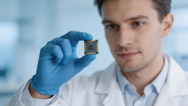 Man in lab coat holding microchip