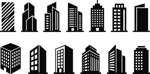 Set of Modern Skyscraper and Office Building Glyph Icons Featuring Urban Architecture Towers and Real Estate Symbols for City Planning Presentation and Web Interface Designs © Mdsurjo