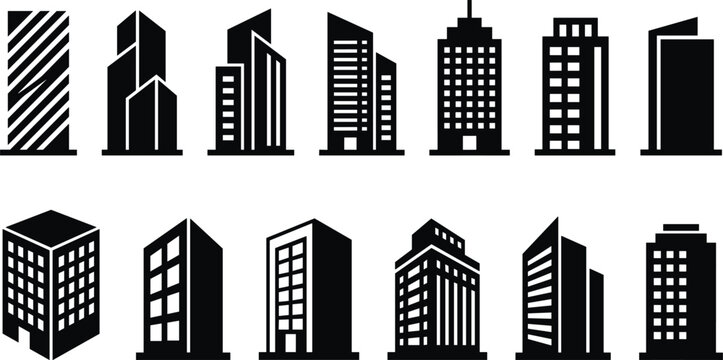 Set of Modern Skyscraper and Office Building Glyph Icons Featuring Urban Architecture Towers and Real Estate Symbols for City Planning Presentation and Web Interface Designs