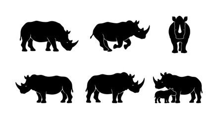 Rhino Silhouette Collection, Wildlife Animal Icons, Powerful Mammal Vector Graphics © Rifat