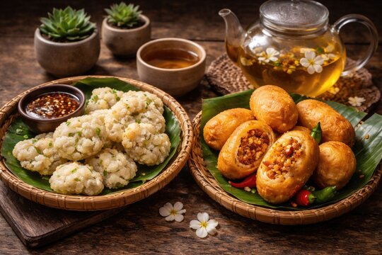 Savoring authentic Indonesian jajan pasar featuring cireng and combro with jasmine tea on a textured wood background and minimal succulent decor