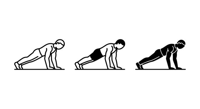 Fitness Icons: Man Doing Push-Ups, Three Styles, Exercise Vector Graphics