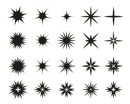 set of Y2K stars, starburst and retro vintage 20s design futuristic graphic ornaments for decoration