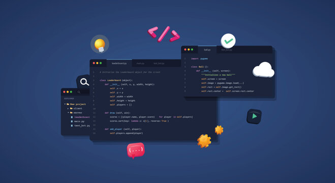 Flat Design Illustration Of Software Development Process Showing Python Code Windows And Programming Icons For Web Engineering And Technology Education Concept