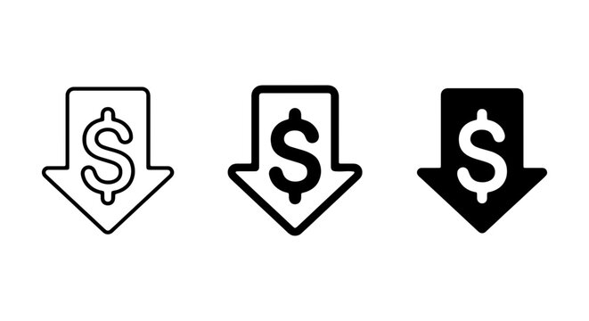 Dollar Sign Down Arrow Icons, Price Decrease Symbols, Financial Loss Vector Set