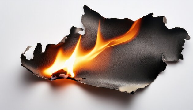 a partially burned sheet of paper with charred edges and a glowing ember on a white background