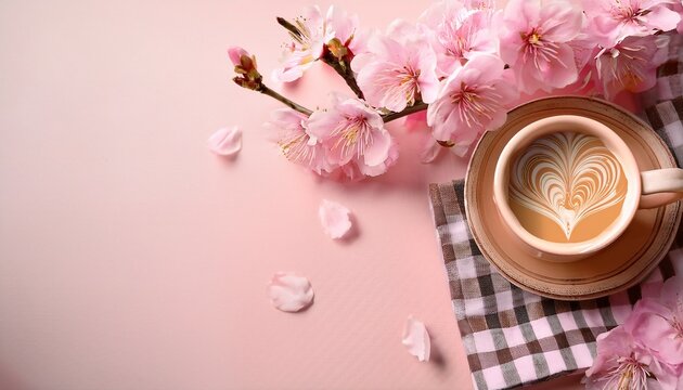 a warm beverage in a charming checkered cup surrounded by delicate pink blossoms on a softly colored backdrop