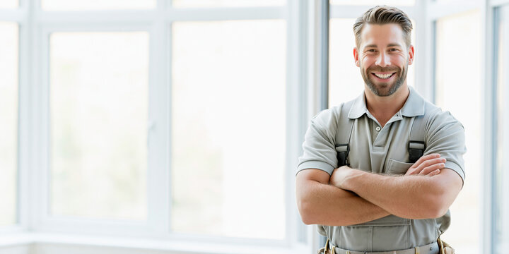 Professional window installer smiling with crossed arms in front of new bright windows. Wide advertising banner with copy space for home improvement service