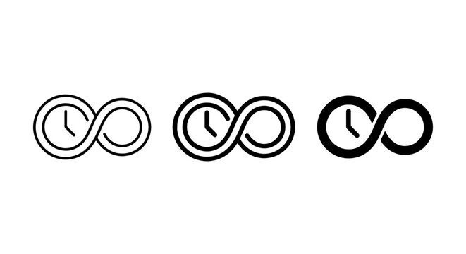 Infinity Clock Icons Set, Timelessness Symbol, Infinite Time Vector Graphics