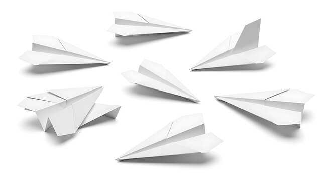 Minimalist white paper airplanes arranged in a diagonal pattern on a white background, arrangement