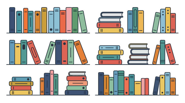 Colorful book illustrations on shelves in a vector graphic design