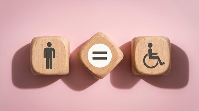 Equality and disability inclusion concept with wooden blocks, equal rights for disabled people, accessibility and social justice symbols on pink background