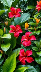 Fototapeta premium Tropical foliage features vibrant hibiscus blooms surrounded by lush greenery and exotic bird of paradise flowers, botanical art, greenery