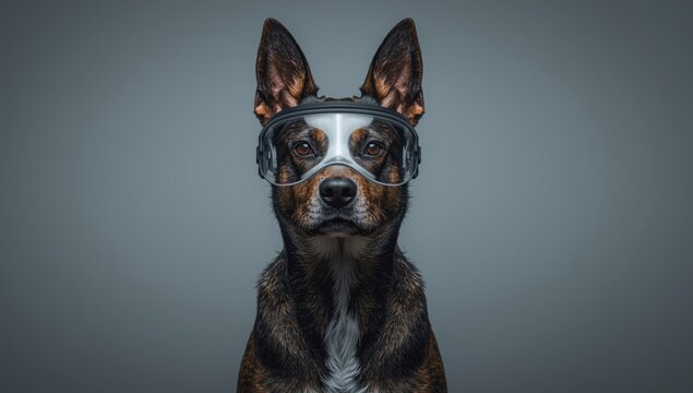 Alert dog wearing protective face gear for safety from airborne contaminants and disease