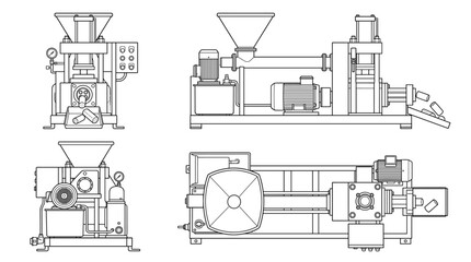 Naklejka premium Briquetting machine technical drawing blueprint with front side back and top views CAD line art vector illustration