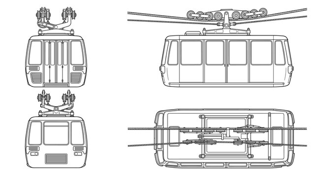 Cable railway car transport vehicle technical drawing blueprint with front side back and top views CAD line art vector illustration