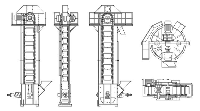 Bucket elevator machine technical drawing blueprint with front side back and top views CAD line art vector illustration