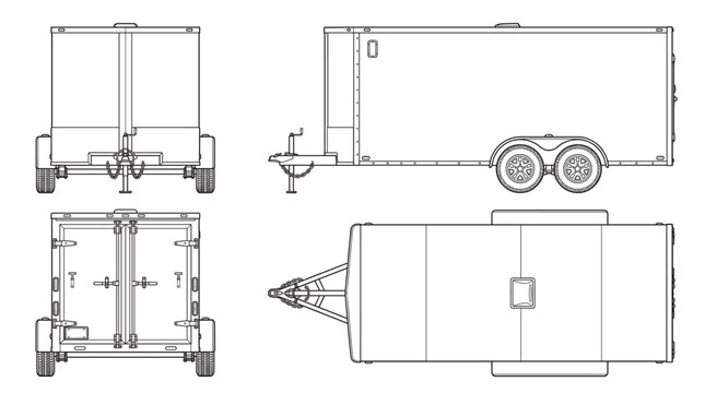 Box trailer transport vehicle technical drawing blueprint with front side back and top views CAD line art vector illustration
