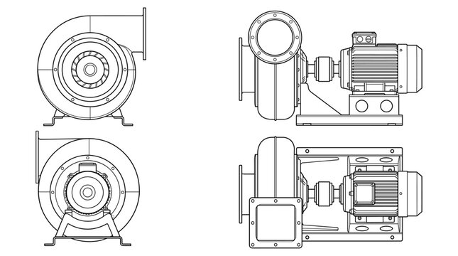Centrifugal blower machine technical drawing blueprint with front side back and top views CAD line art vector illustration