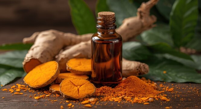 Aromatic turmeric essential oil in amber bottle with fresh turmeric slices and leaves