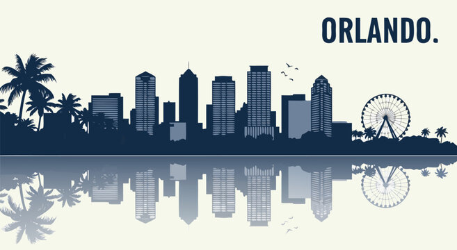 Captivating Orlando city skyline vector illustration with water reflection, perfect for travel promotions and urban architectural design projects