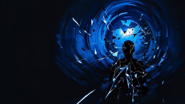 Shattered human silhouette in blue vortex, abstract illustration representing psychological trauma, broken mind, and identity crisis