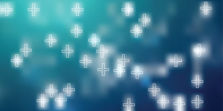 Glowing white medical cross symbols on a blurred teal and blue background
