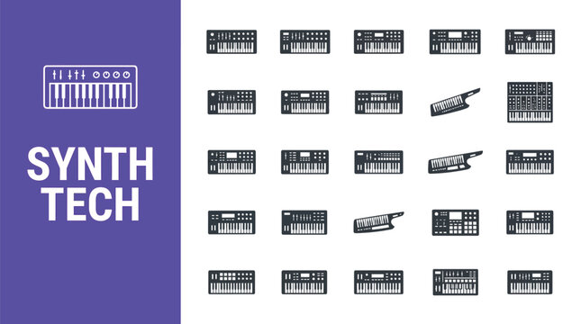 A collection of various electronic synthesizer keyboard icons displayed in a clean and modern grid layout