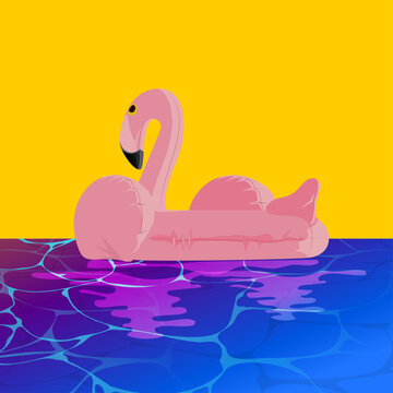 Inflatable Pink Flamingo Pool Float Floating on Water Vector Illustration