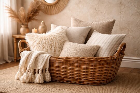 Wicker basket arranged with fluffy pillows in front of a decorative wall surface