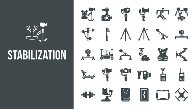 Collection of professional video camera stabilization equipment icons for film production