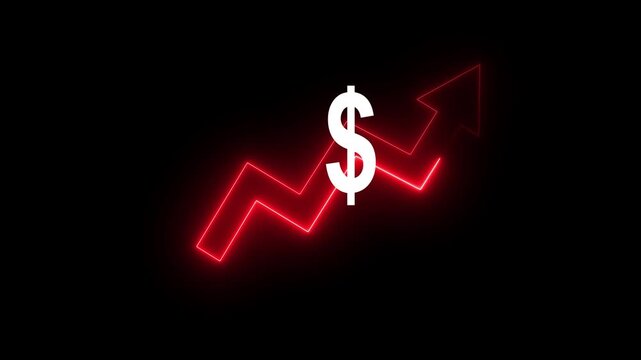 Money increases icon, dollar rate increase arrow up icon .Glowing up arrow black blackground Glowing neon line of dollar sign icon and up arrow isolated on transparent motion animation 4k video...