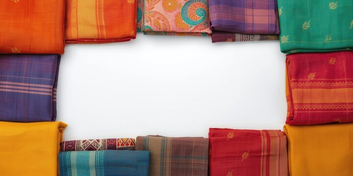 Assorted vibrant khadi textiles arranged over a plain white background