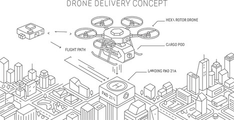 Obraz premium Drone delivering package over city skyline