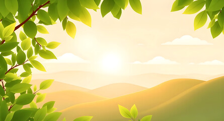 Fototapeta premium Sun rising over beautiful hills with tree leaves frame