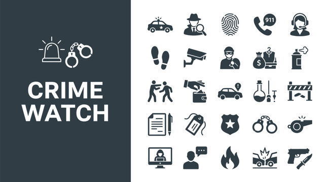 Set of diverse crime and law enforcement themed vector graphic icons